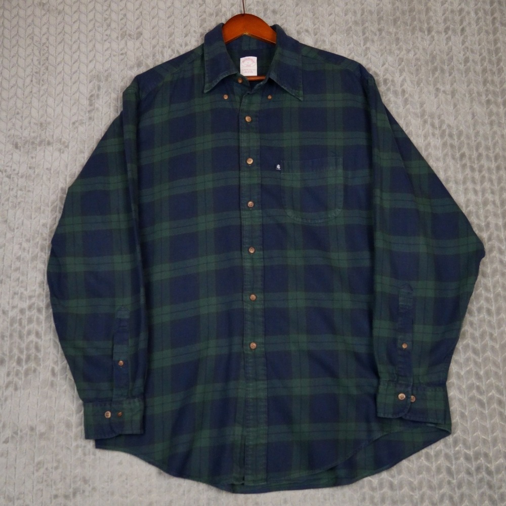 Brooks Brothers 346 Flannel Shirt Mens L Green Navy Plaid Black Watch Cotton